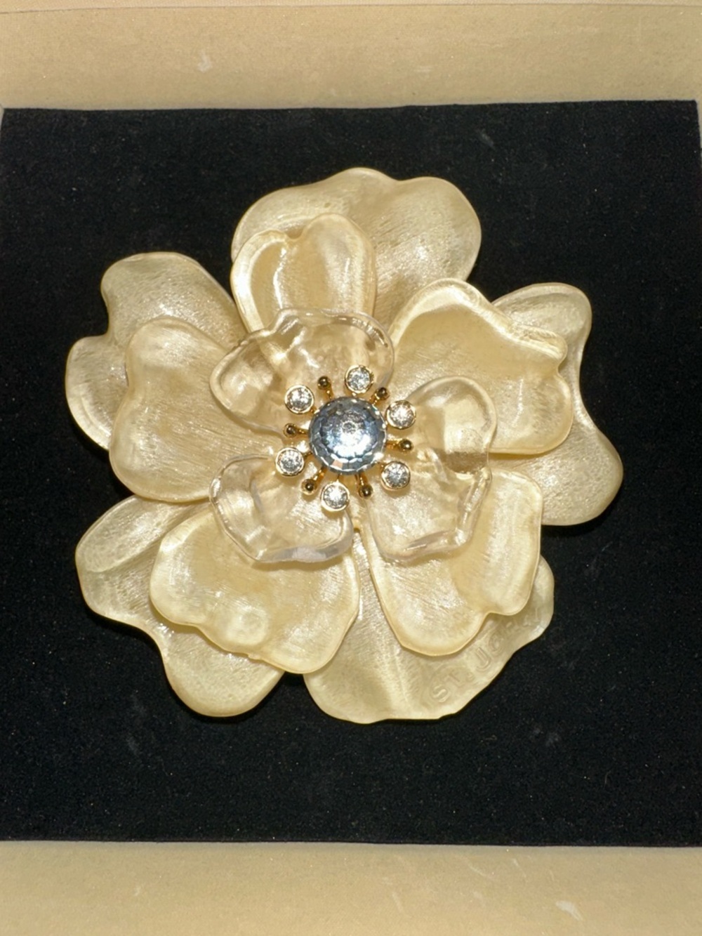 Vintage St. John Cream Lucite Swarovski Crystal Camellia Flower Brooch RARE HTF